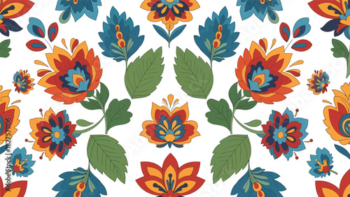 Folk art–inspired flowers and leaves in bold flat shapes and decorative colorful patterns