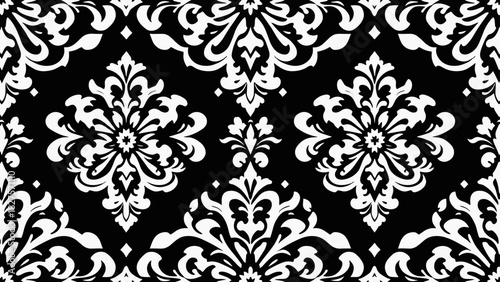 Classic decorative wallpaper showcasing damask-inspired floral motifs and graceful curling vine details