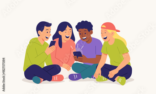 A group of cheerful young friends sitting in a circle and looking at smartphones together. Bright, friendly scene with casual modern style. Flat vector illustration.