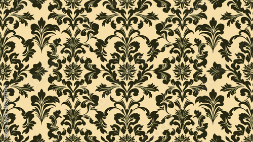 Vintage ornamental texture with elegant damask motifs and flowing botanical accents arranged in a seamless grid