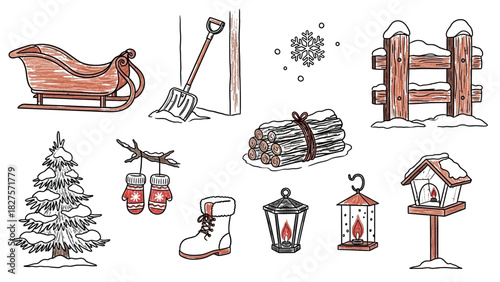 Winter themed sketch with sled, shovel, fence, tree, mittens, boot, lantern, birdhouse, and logs.