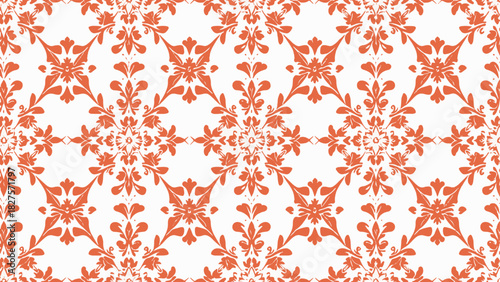 Classic baroque pattern with repeating ornate flourishes and stylized floral shapes set against a bold contrasting background