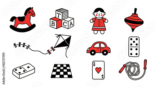 Illustration of various toys including a rocking horse, blocks, and a kite.