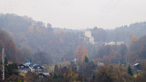 Fototapeta Naklejka Na Ścianę i Meble -  A magnificent view of Ojców Castle on a cloudy, foggy autumn day. Ojców National Park. Poland. Prądnik Valley.