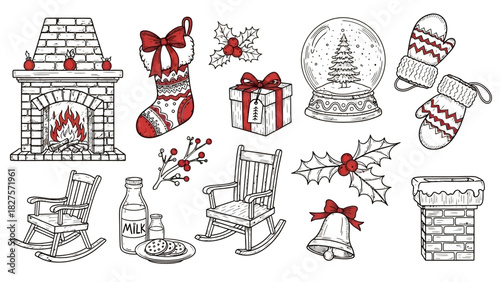 Christmas themed drawing with fireplace, stocking, gift, snow globe, mittens, rocking chairs, milk, cookies, holly, bell, and chimney.
