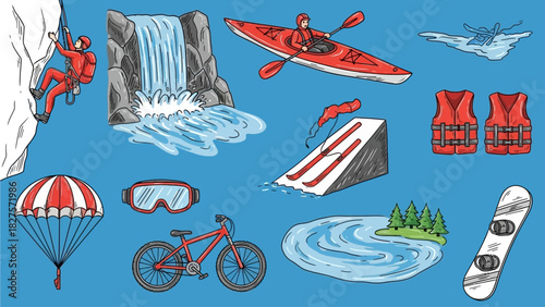 Outdoor adventure sports icons: climbing, kayaking, skiing, snowboarding, and more.