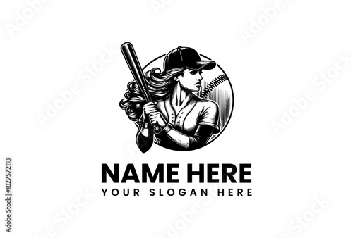 Classic logo vector illustration of a female baseball player holding a bat, a powerful woman athlete mascot for a sports team 168