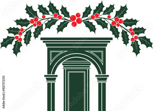 Elegant Christmas Holly Berry Garland Hanging Over a Classic Architectural Archway Entrance, Festive Holiday Decoration Vector Illustration, Traditional Winter Season Graphic Design Element for