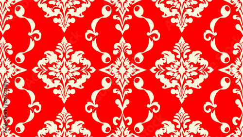 Rich red background. Seamless damask pattern. Red color.For fabric, wallpaper, wrapping paper, holiday packaging. Vector illustration.