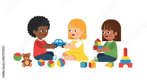 Children Playing Together Building Blocks, Toys, and Sharing - A Playtime Illustration
