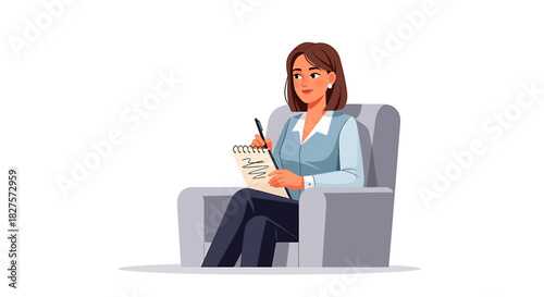 Vector illustration of a thoughtful female professional, psychologist or therapist, sitting in an armchair and writing notes in a notepad