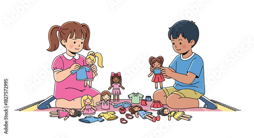 Children playing with dolls, creating imaginative worlds on a mat