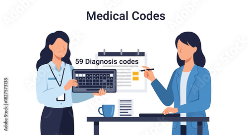 Healthcare professionals collaborating on digital medical coding and diagnosis data management, ensuring efficient patient record processing
