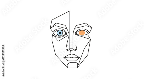 Minimalist polygon face with contrasting eye colors. A vector line art illustration representing digital identity and human duality