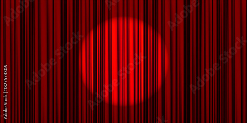 Red closed theater curtains with a spotlight as bg for Broadway or circus performances. Realistic vector illustration of pleated curtains with velvet texture and gradient mesh