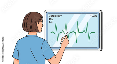 Cardiologist examining a patient's electrocardiogram results on a digital screen, a female doctor analyzing heart rhythm and vital signs for medical diagnosis