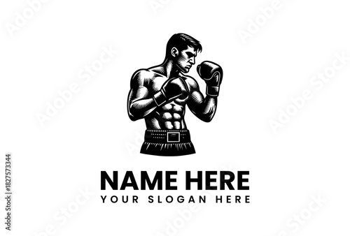 Powerful boxer character in a defensive stance vector logo illustration, a vintage-style athletic mascot for a fight club emblem design