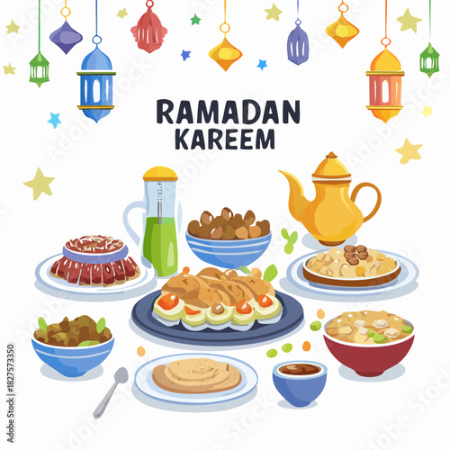 Ramadan Kareem background. Iftar party celebration with traditional arabic dishes and islamic lantern
