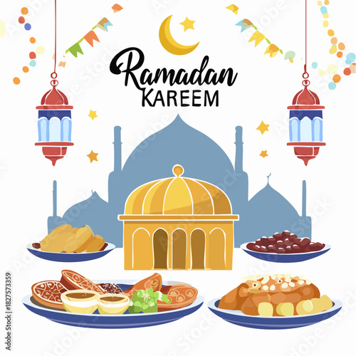 Ramadan Kareem background. Iftar party celebration with traditional arabic dishes and islamic lantern