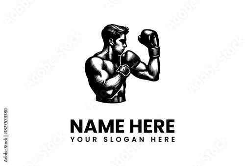 Vector illustration of a powerful boxer in a fighting stance, a sports mascot logo design for a gym. 202