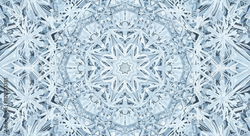 Intricate ice crystal kaleidoscope pattern with geometric shapes and light blue hues