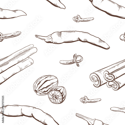 Seamless pattern of spicy spices for hot drinks hot pepper, cinnamon sticks, cloves, nutmeg as seasonal additives for culinary dishes in hand drawn illustration in black snd white graphic outline