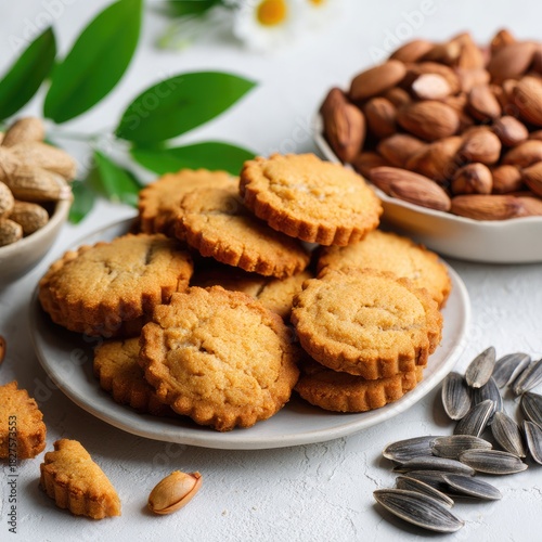 Stacked cookies on plate, nuts around