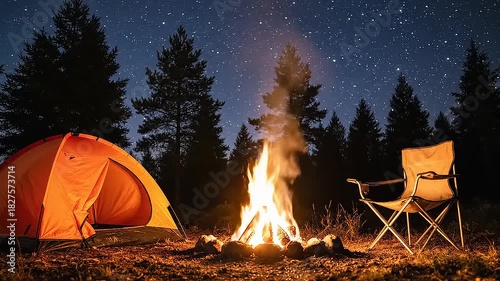 Peaceful Night Camping Scene with Warm Bonfire, Tent, and Chair in a Forest Setting Under a Starry Sky, Creating a Relaxing Outdoor Ambiance