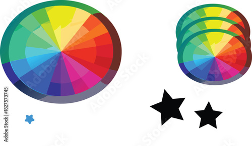 Colorful color wheel and stars on white background