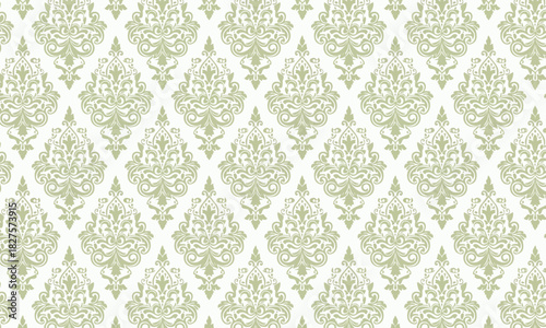 Seamless Sage Green Damask Pattern on White, Classic Vintage Baroque Floral Background for Wedding