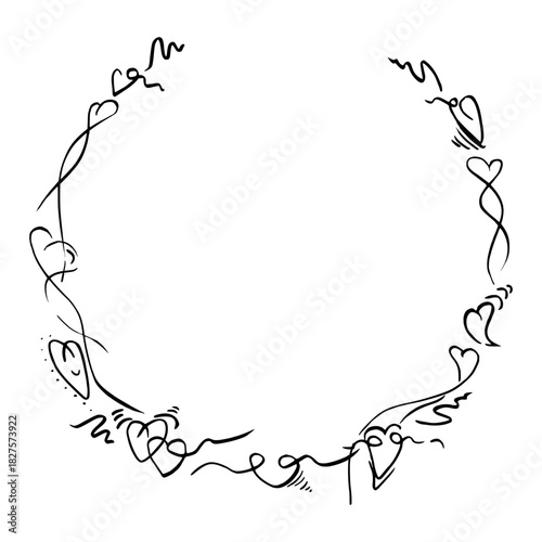 Continuous flowing calligraphy ribbon line of hearts and heartbeat creating circle wreath. Hand drawn ink vector frame illustration. Love greeting card, wedding decor, romantic anniversary logo frame.