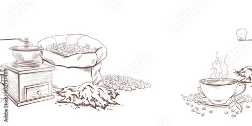 Manual wooden coffee grinder with canvas bag containing coffee beans and a pile of freshly ground aromatic coffee with wide cup of steaming coffee with scattered beans,mint leaves and bar of chocolate