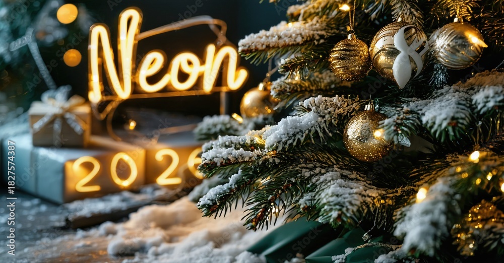 Fototapeta premium Festive scene features illuminated Christmas tree, gifts, neon sign displaying Neon and year 2026. Snow covers ground, creating winter ambiance.