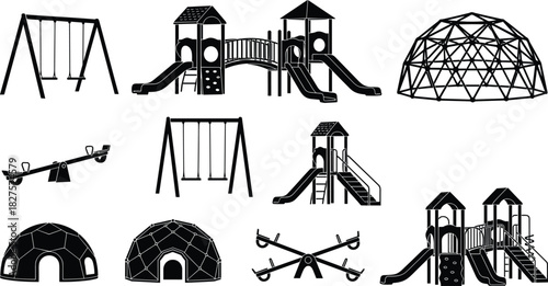 Black silhouette vector set of various common playground equipment, including swing sets, slides, seesaws, and geometric climbing domes, illustrating children's outdoor park recreation infrastructure.