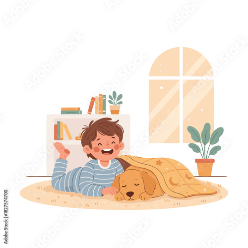 Joyful Young Boy Wearing Striped Pajamas Cuddles With Sleeping Golden Retriever Puppy Under Starry Blanket Indoors With Bookshelf and Window