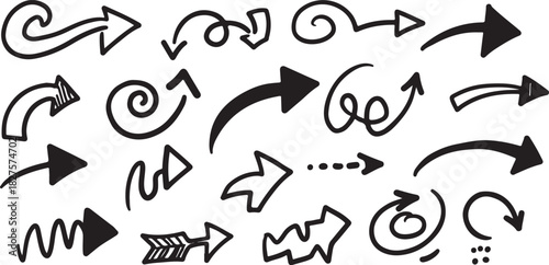 Collection of hand drawn arrow icons with various styles and directions on white background