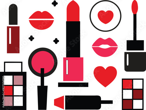 Collection of vector lipstick makeup icons illustrating beauty and cosmetics in a stylish bundle