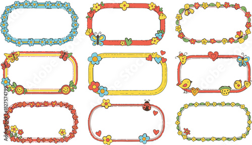 Collection of nine decorative colorful hand drawn rounded square frames with floral and fruit elements