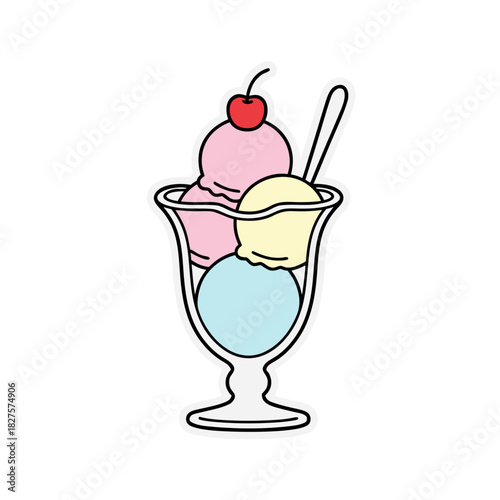 Ice Cream Sundae Dessert With Three Scoops Pink Yellow Blue Topped With Cherry and Spoon In A Tall Glass Dish Simple Flat Design
