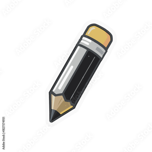 Illustration Of A Black Pencil With A Yellow Eraser On A White Background With A Black Outline And Soft Shadow Suitable For Educational Or Artistic Concepts