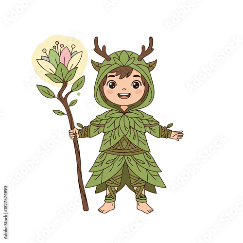 Illustration of a joyful young elf child in a leaf costume holding a flower staff and casting sparkles with a gentle smile and bright eyes on a black background