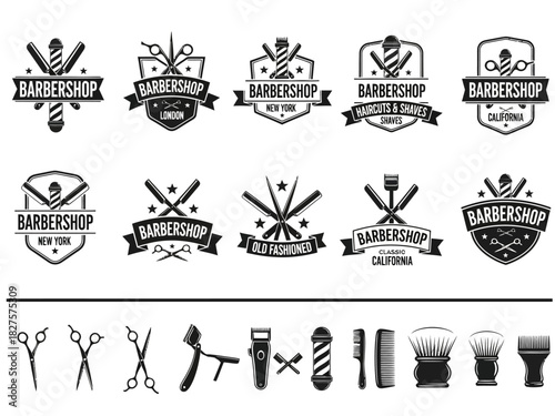Classic Barbershop Logos and Icons Set - Vintage Monochrome Emblems