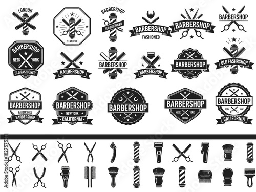 Classic Barbershop Logos and Icons Set - Vintage Monochrome Emblems