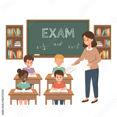 Joyful Teacher Encourages Diverse Students Engaged in Learning Activity on Classroom Floor with Bookshelves and Chalkboard Displaying Exam and Mathematical Equations