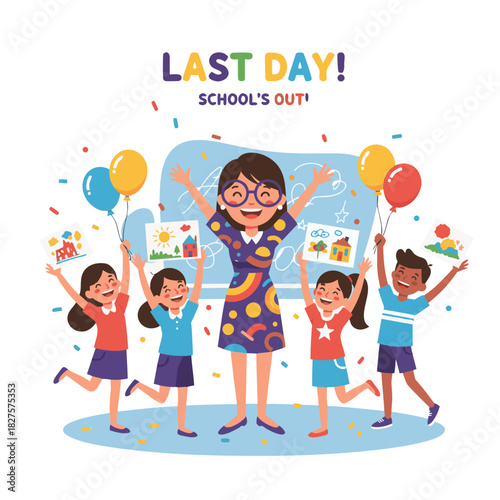 Joyful Teacher Waving Goodbye To Happy Students On Last Day Of School With Balloons And Confetti In A Colorful Classroom Illustration