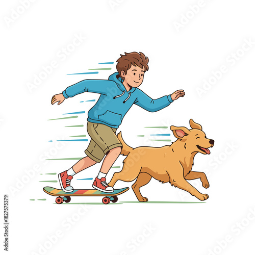 Joyful Young Boy in Blue Hoodie Skateboarding With Golden Retriever Dog Outdoors Energetic Motion Effect