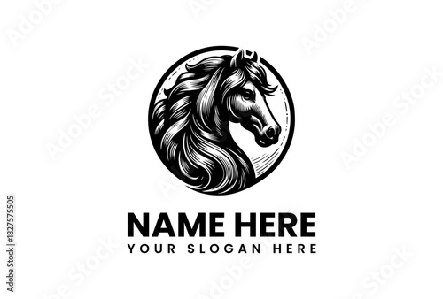 Majestic stallion horse head in a circle, a classic black and white vector logo illustration for an emblem. 211