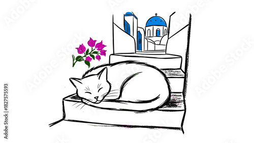 Sleeping Cat on Greek Island Steps Vector Illustration Hand Drawn Summer Vacation Sketch