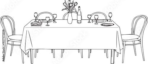 Elegant dining room table set with chairs and floral centerpiece in a hand drawn sketch style