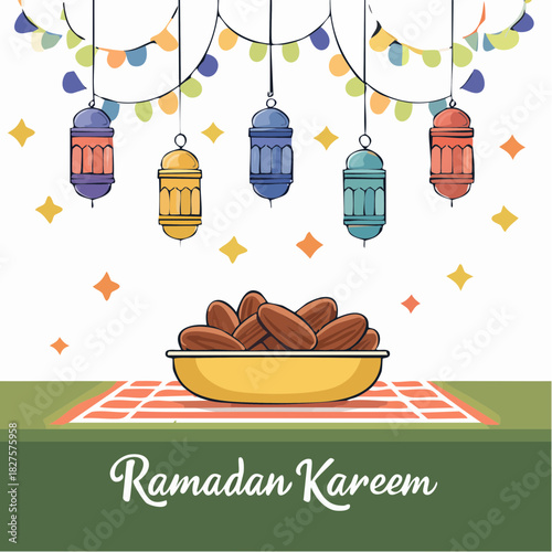 Ramadan Kareem greetings with lanterns hanging and a bowl of dates on dinner table